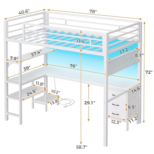 Twin Metal Loft Bed with L-Shaped Desk, LED Lights, Charging Station, Fabric Drawers & Shelves, White S2433