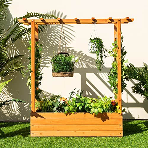 Raised Garden Bed with Arch Trellis Wood Planter Box K124