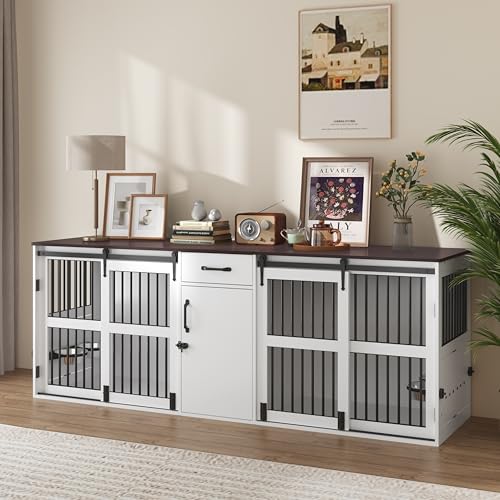 84.5" Double Medium Dog Crate Furniture with Drawer and Cabinet, Barn Sliding Doors, Rotatable Dog Bowls Feeder K714051