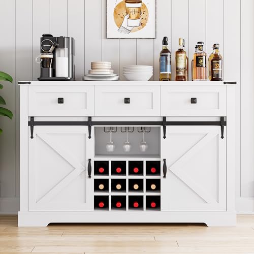 White Buffet Cabinet with 3 Drawers and Sliding Barn Door W5848