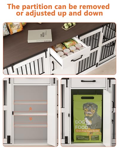 84.5" Double Medium Dog Crate Furniture with Drawer and Cabinet, Barn Sliding Doors, Rotatable Dog Bowls Feeder K714051