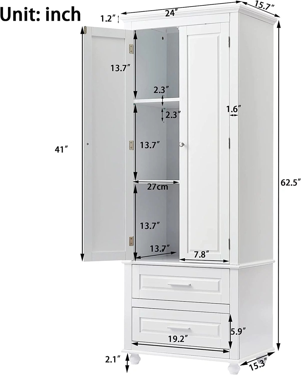 White Storage Cabinet with Doors and 2 Drawers A9203