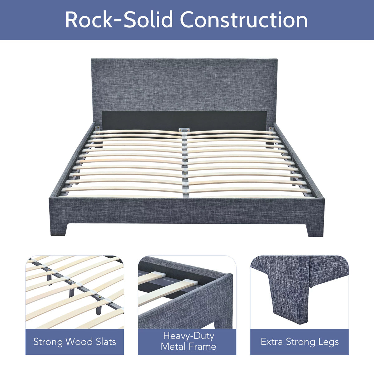 Queen Bed Frame with Headboard, Wood Slats, Gray M10166