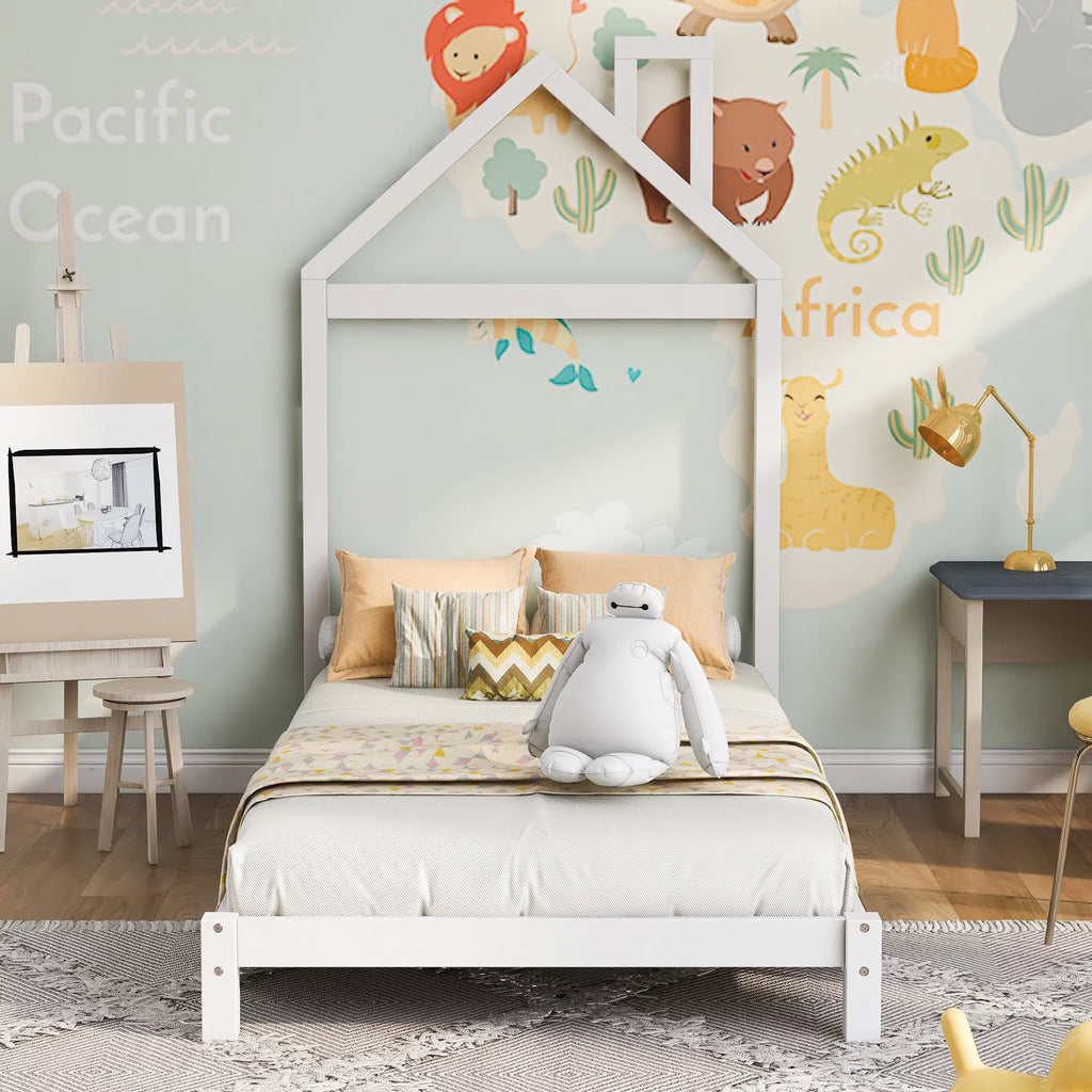 White Wood Twin Platform Bed with House Shaped Headboard P293641