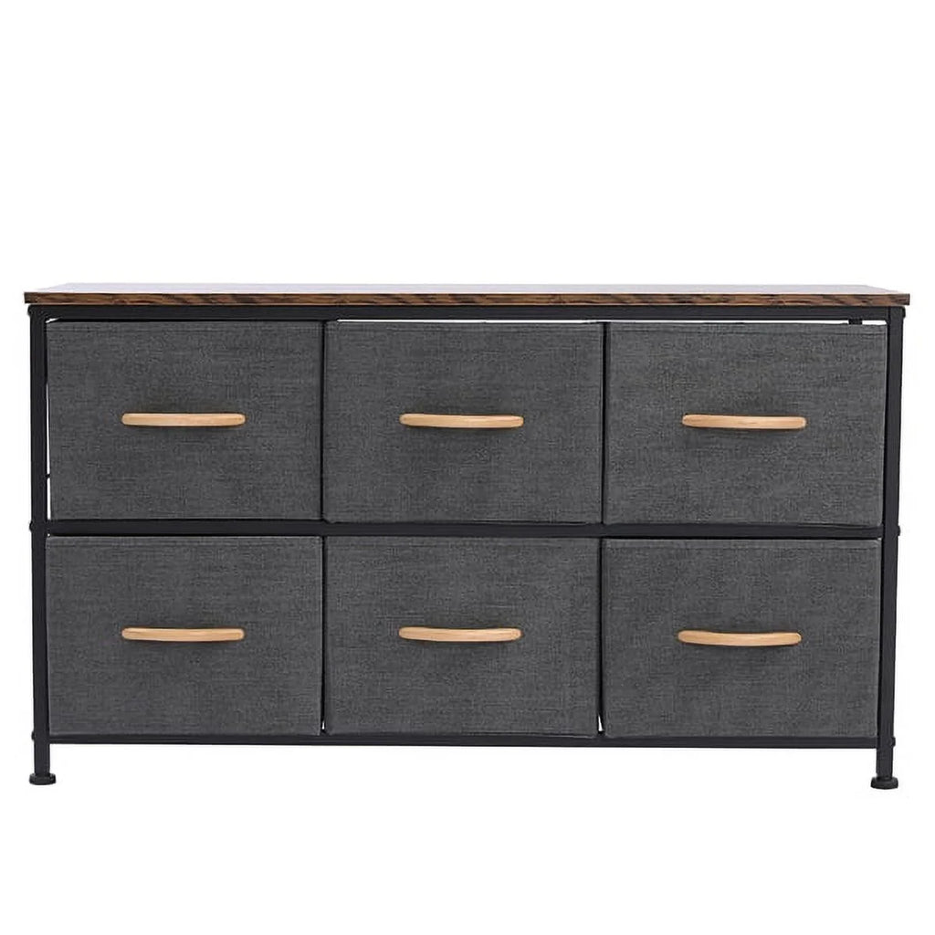 Gray 6 Drawer Fabric Dresser with Wooden Tabletop C5958