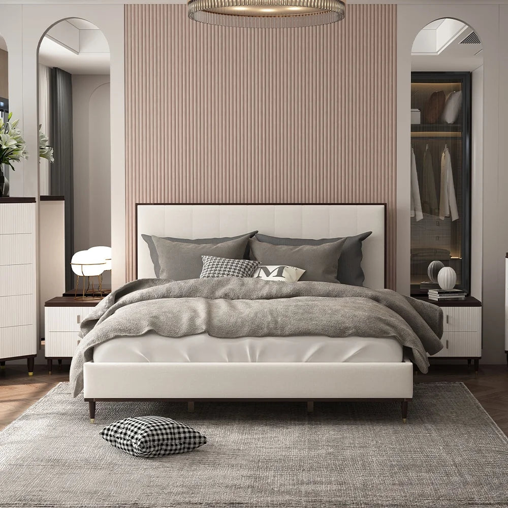 Light Gray and White and Brown Wooden Bed T99872