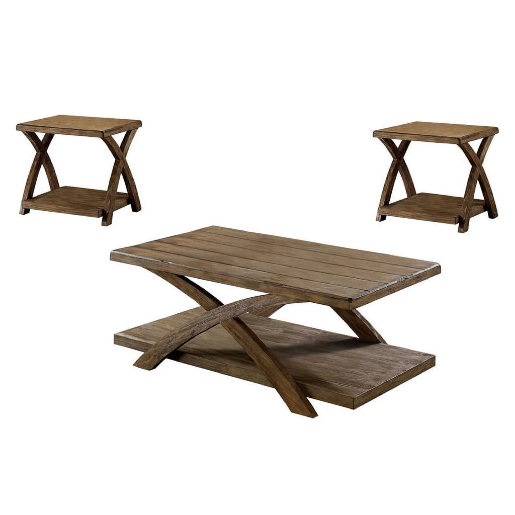 Rustic Wood 3-Piece Coffee Table Set in Oak F4027