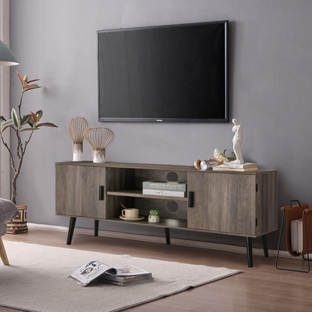 Dark Walnut Retro TV Stand with 2 Cabinet and 2 Shelves J543