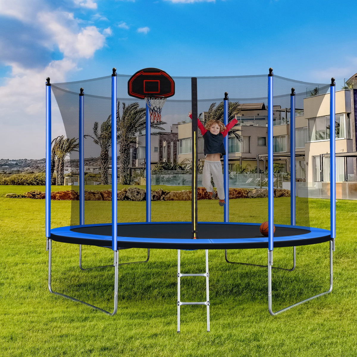 Blue 10FT Trampoline with Basketball Hoop and Ladder J254