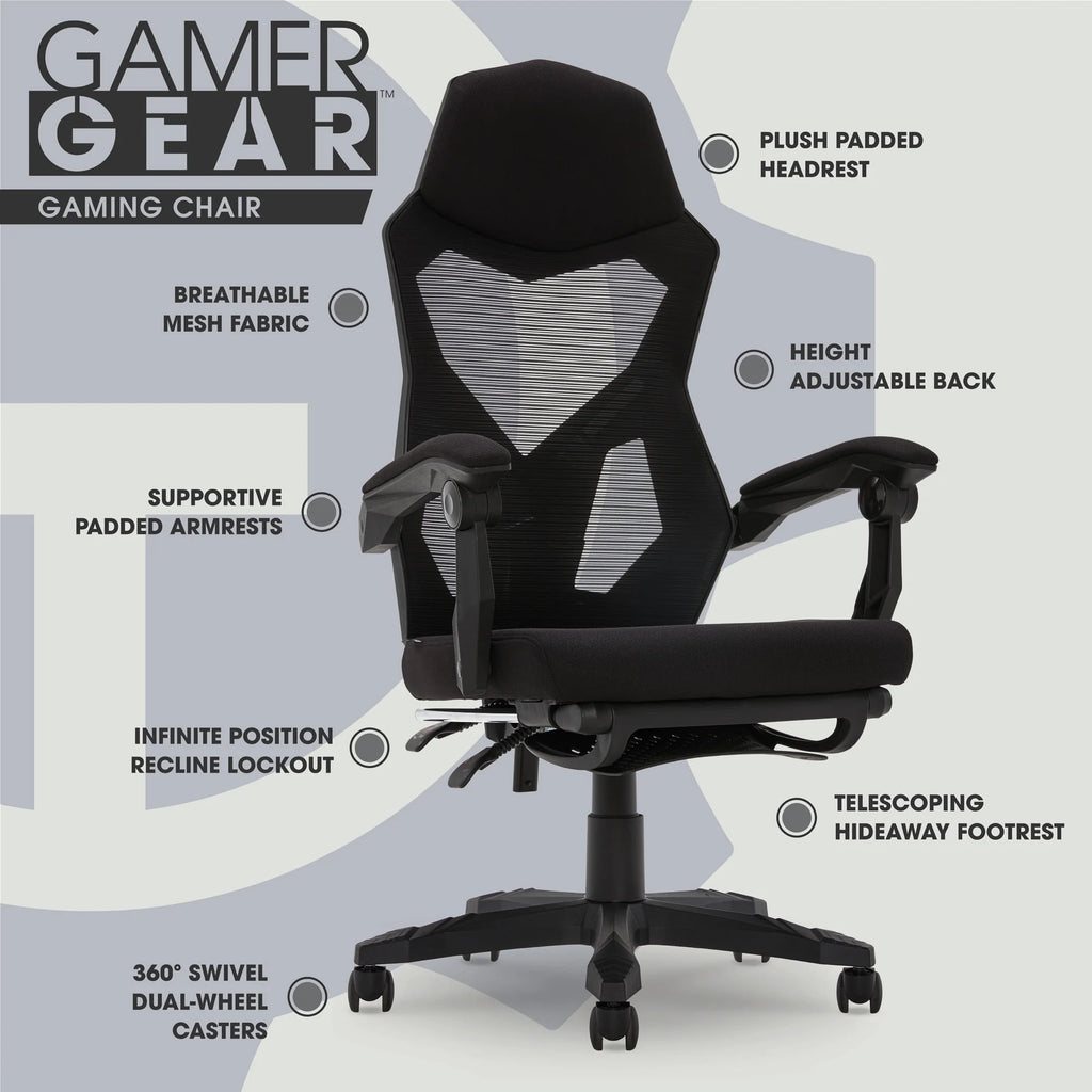 Black Fabric Gaming Office Chair with Extendable Leg Rest Q46634
