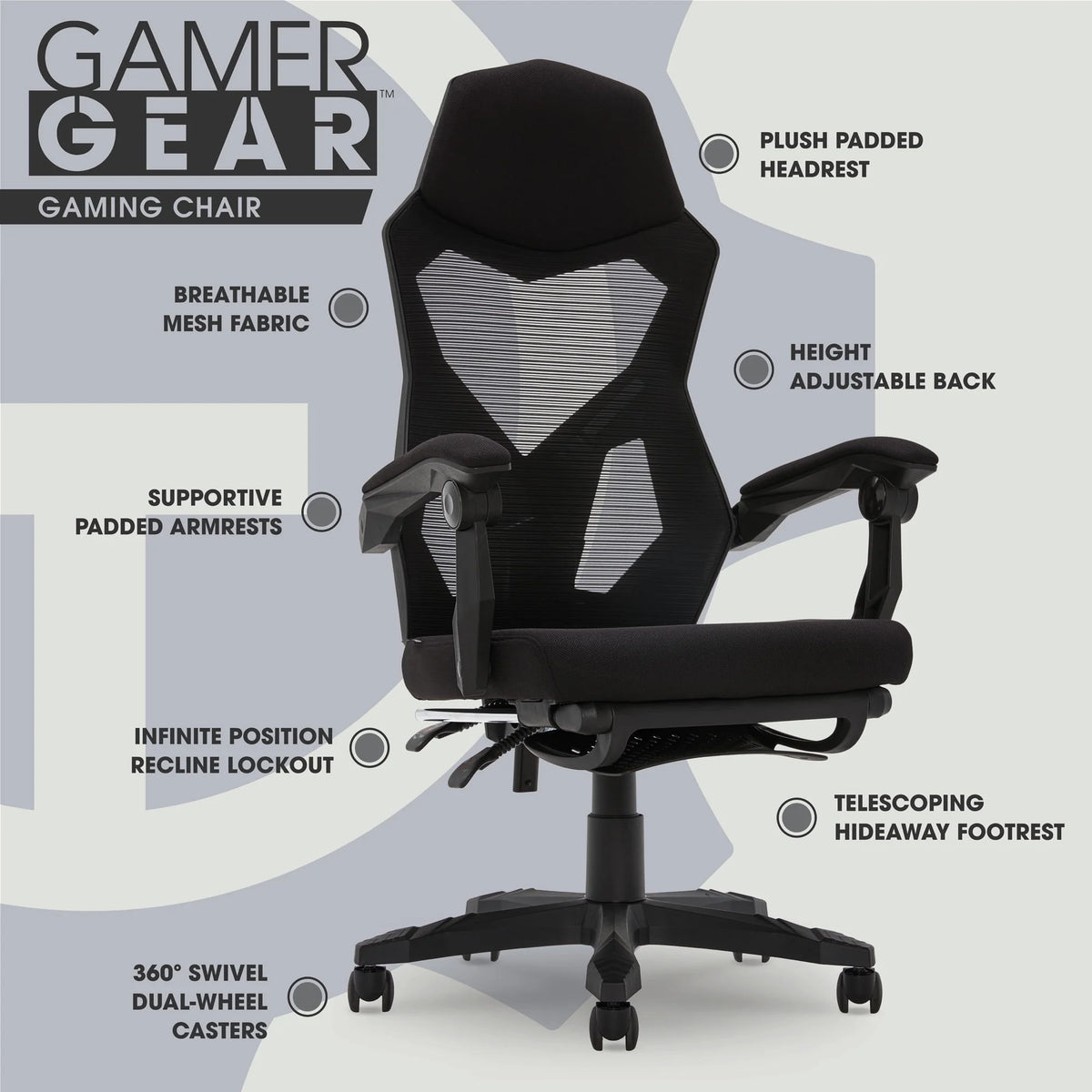 Black Fabric Gaming Office Chair with Extendable Leg Rest Q46634