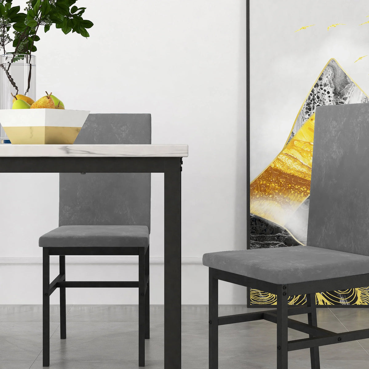 5-Piece White Marble Top Dining Table and 4 Gray Velvet Chairs A2125