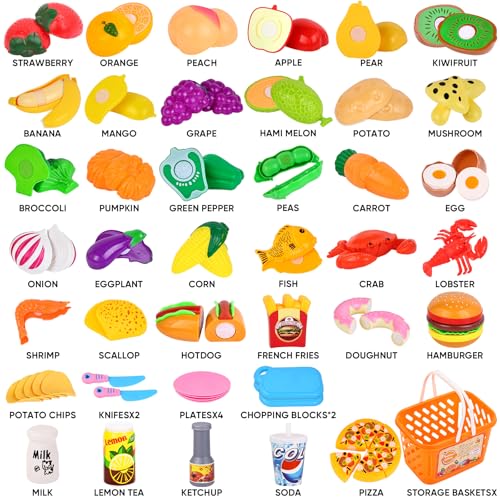 Play Food with Cutting Fruits & Vegetables, Plastic Mini Dishes Shopping Basket and Knife X423485