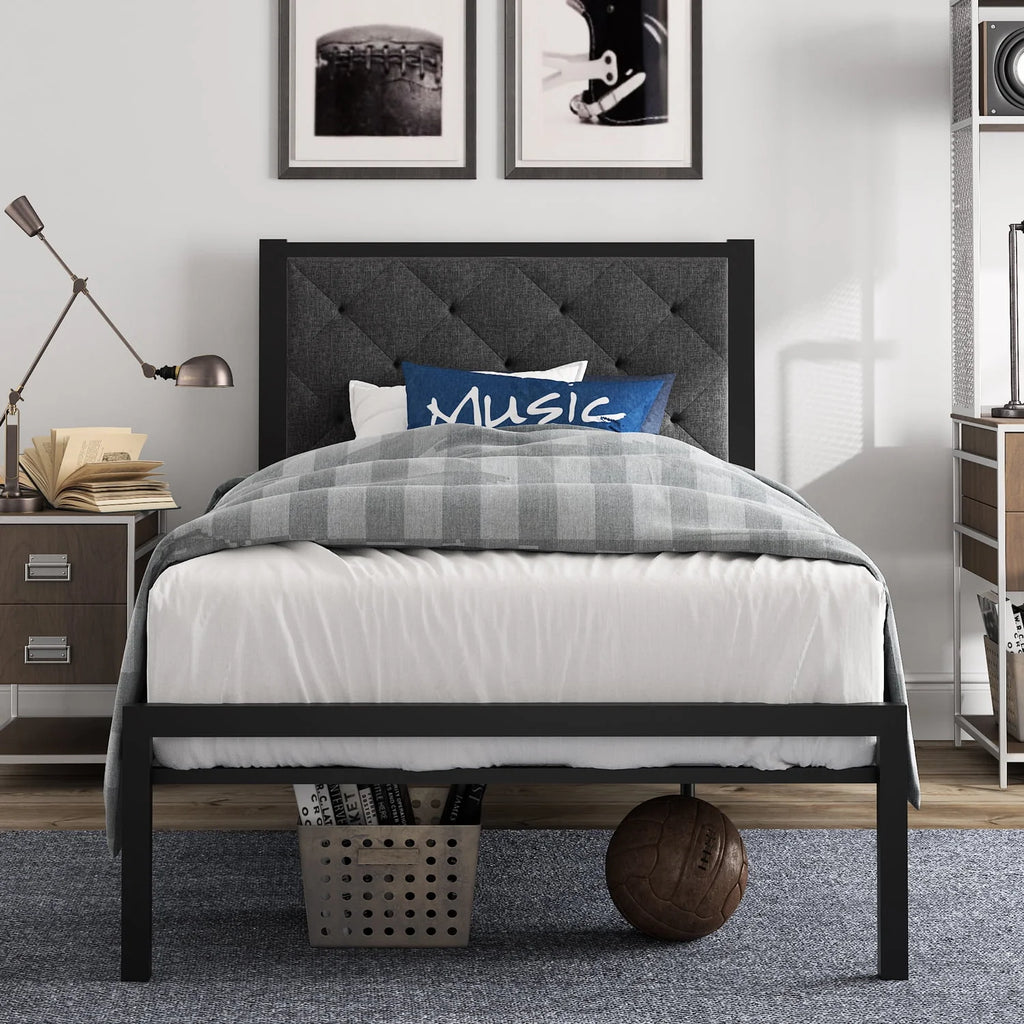 Twin Size Metal Bed Frame with Upholstered Headboard F589