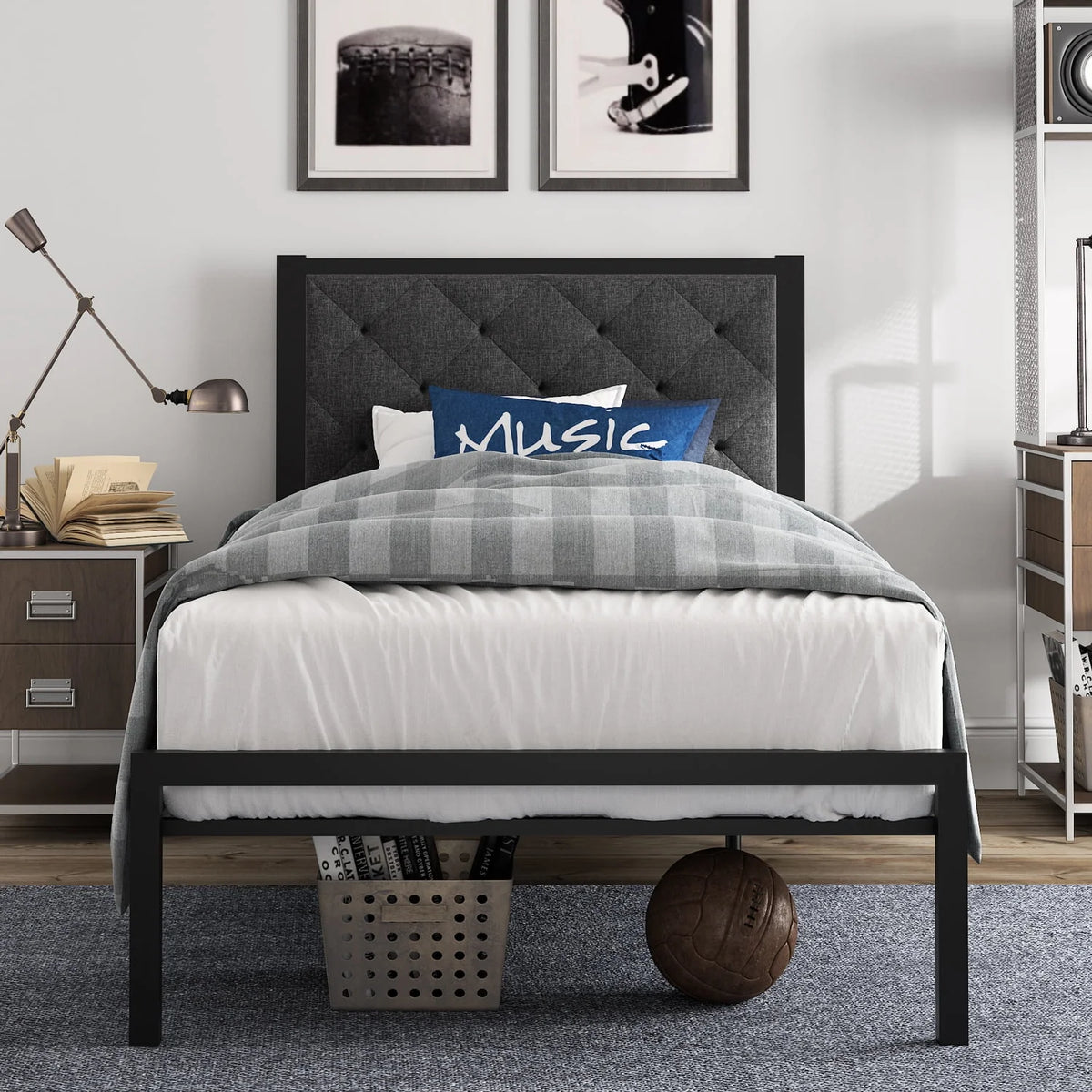 Twin Size Metal Bed Frame with Upholstered Headboard F589