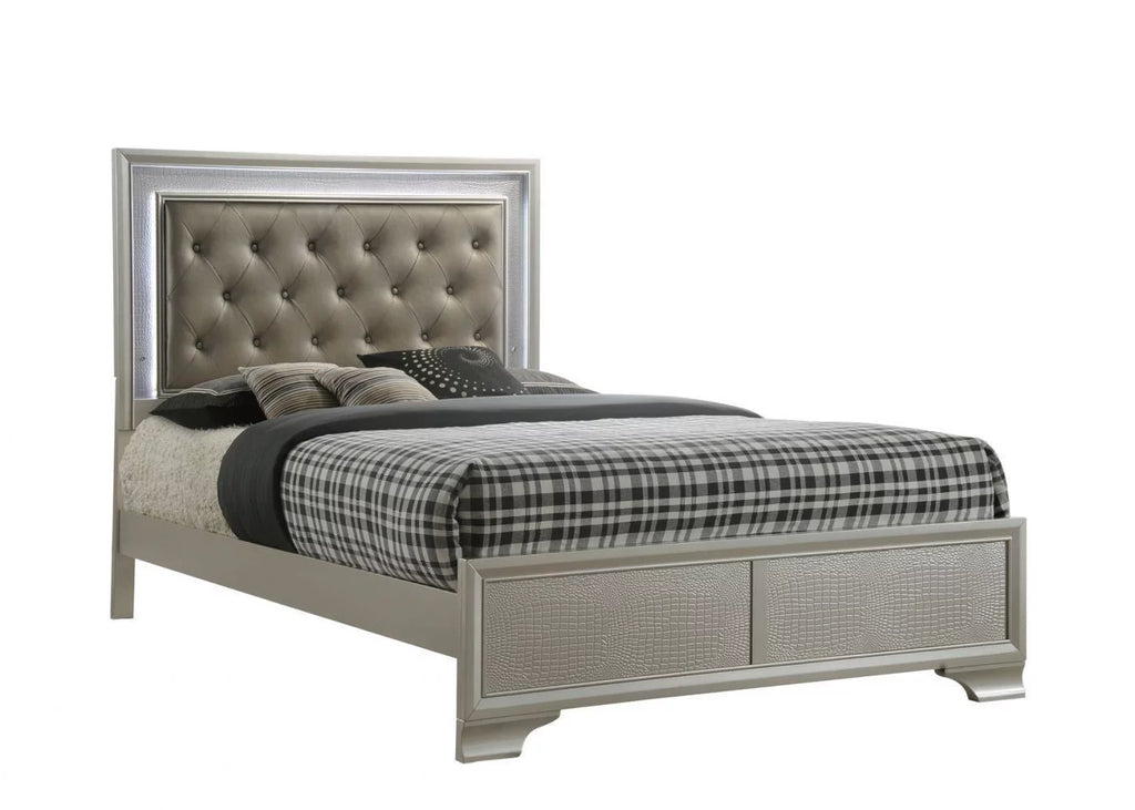 Champagne 3pc Full Size LED Bed and Storage Nightstand Wooden Bedroom Furniture Set G6966