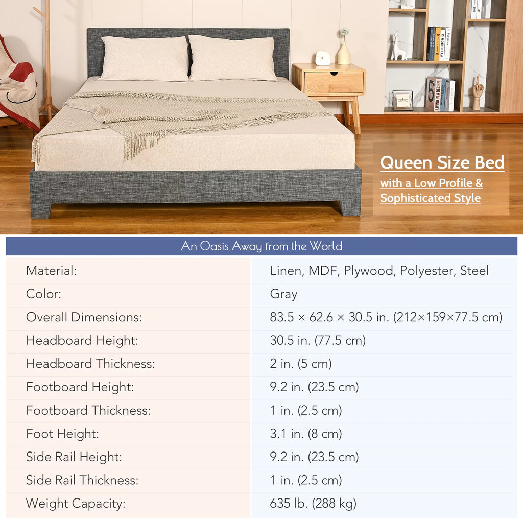 Queen Bed Frame with Headboard, Wood Slats, Gray M10166