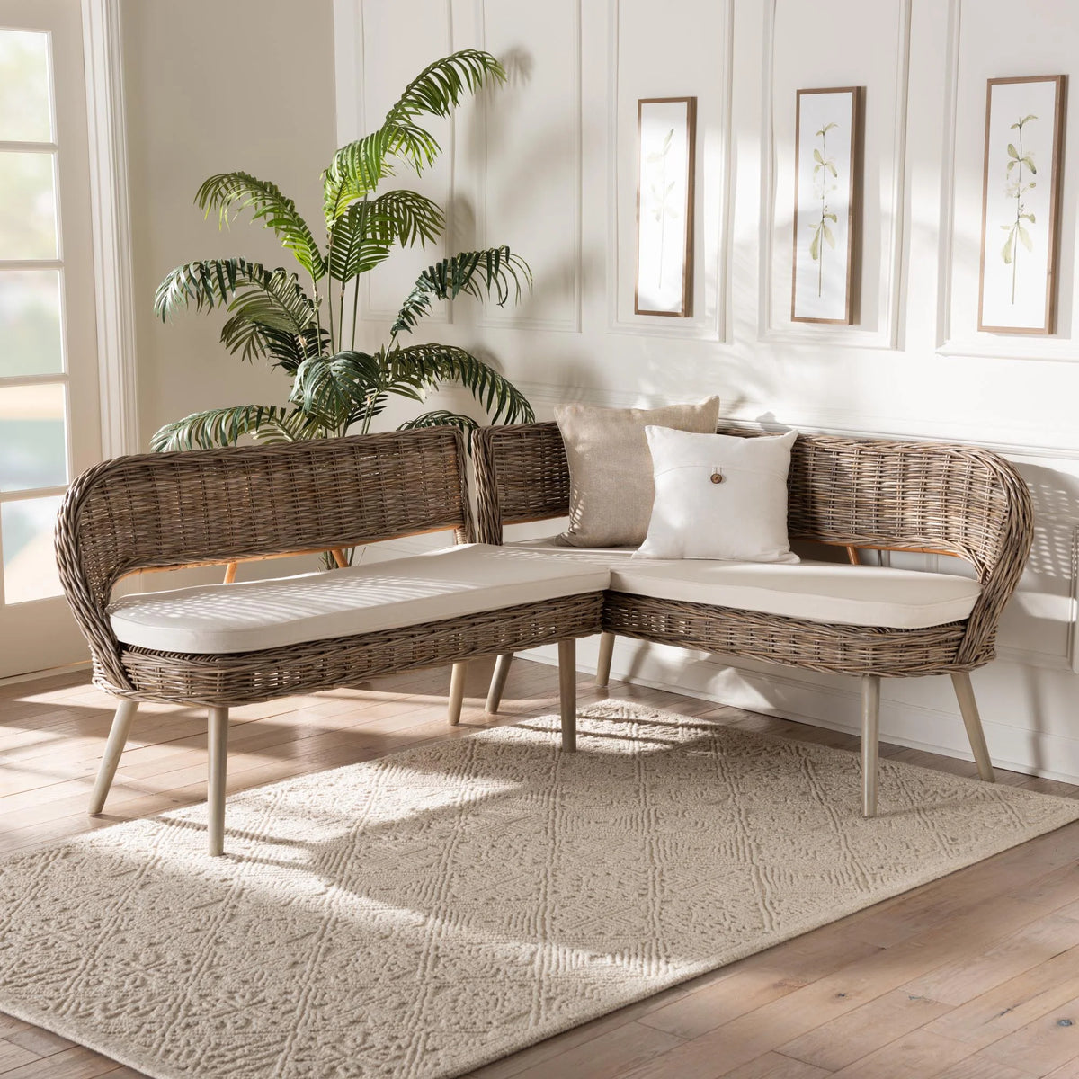 Greywashed Rattan Dining Nook Banquette Set H1292