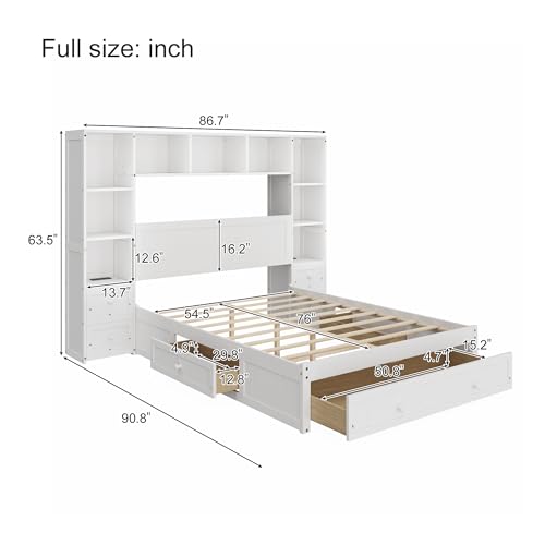 White Full Size Wood Platform Bed with Bookcase Headboard and Drawers J841898