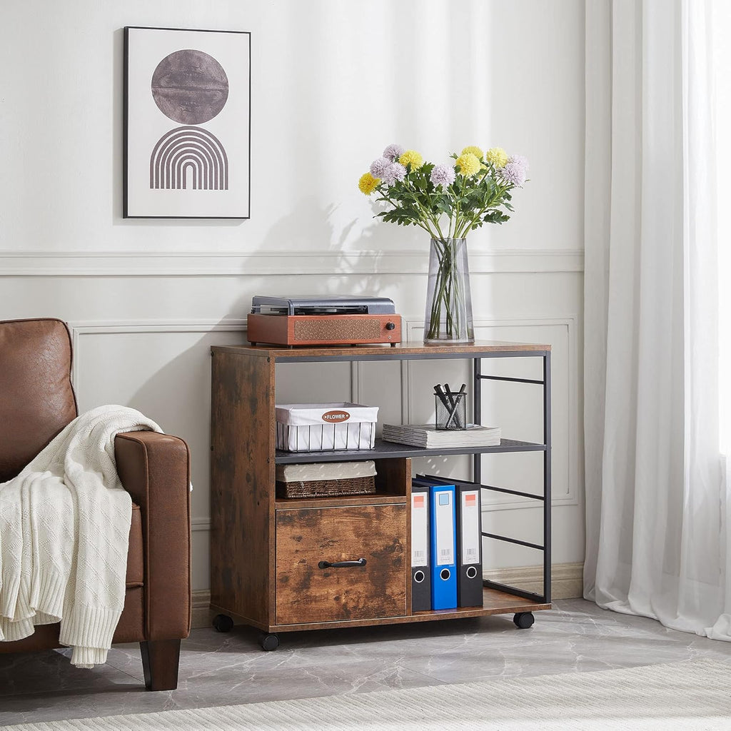 Industrial File Cabinet with Drawer, Printer Stand with Open Storage Shelves, Filing Cabinet with Wheels, Rustic Brown V885