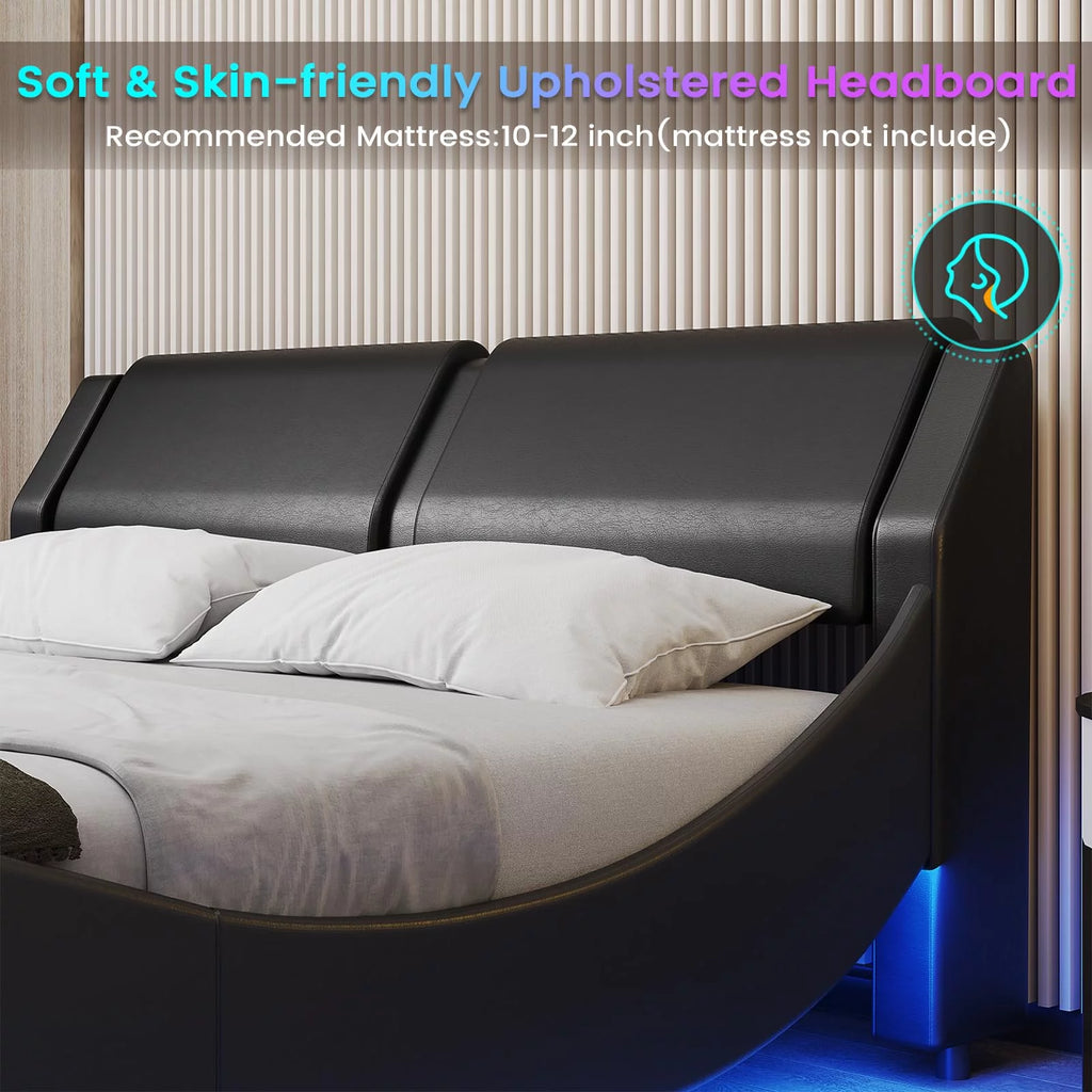 King Size Faux Leather Platform Bed Frame with Headboard and LED Lights M70667