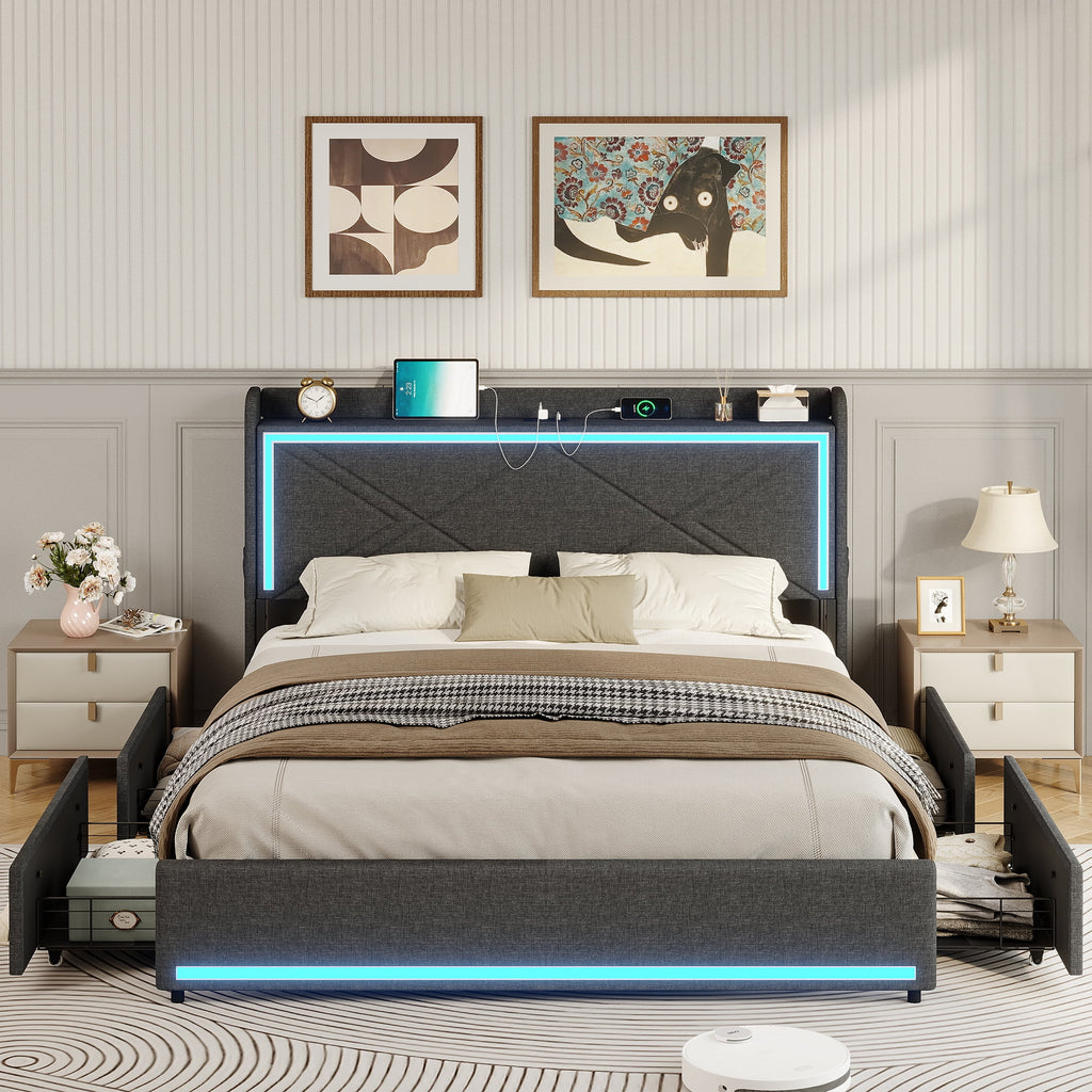 Queen Bed Frame with LED Lights Headboard and Charging Station, Upholstered Platform Bed with Storage Drawers, Dark Gray Q8630