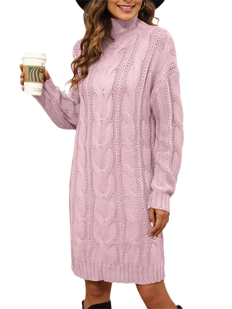 Turtleneck Cable Knit Long Sweater Dress I922161