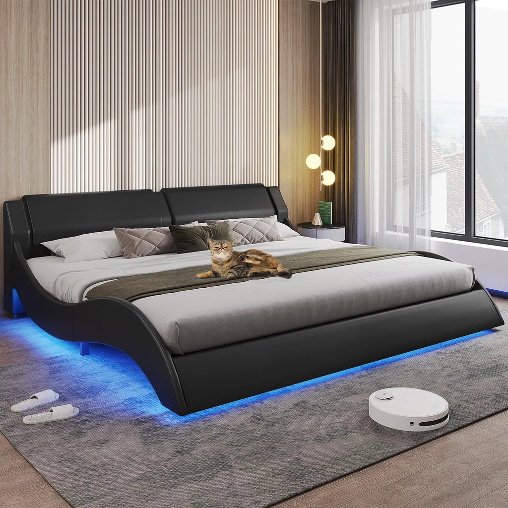 King Size Faux Leather Platform Bed Frame with Headboard and LED Lights M70667