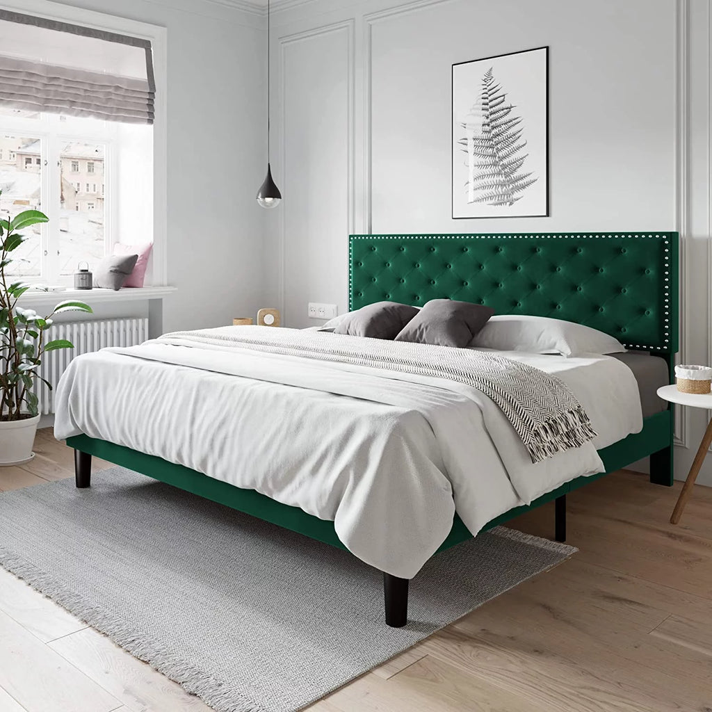 Queen Size Light Grey Velvet Upholstered Platform Bed M628349