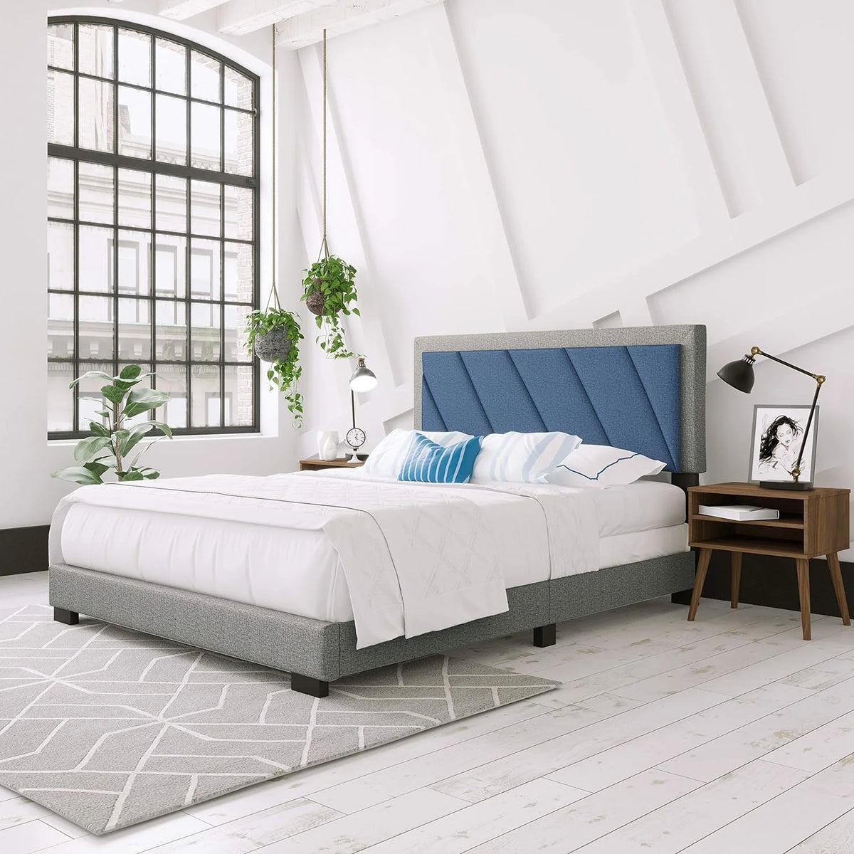 Blue/Gray King Upholstered Platform Bed with Headboard A30918