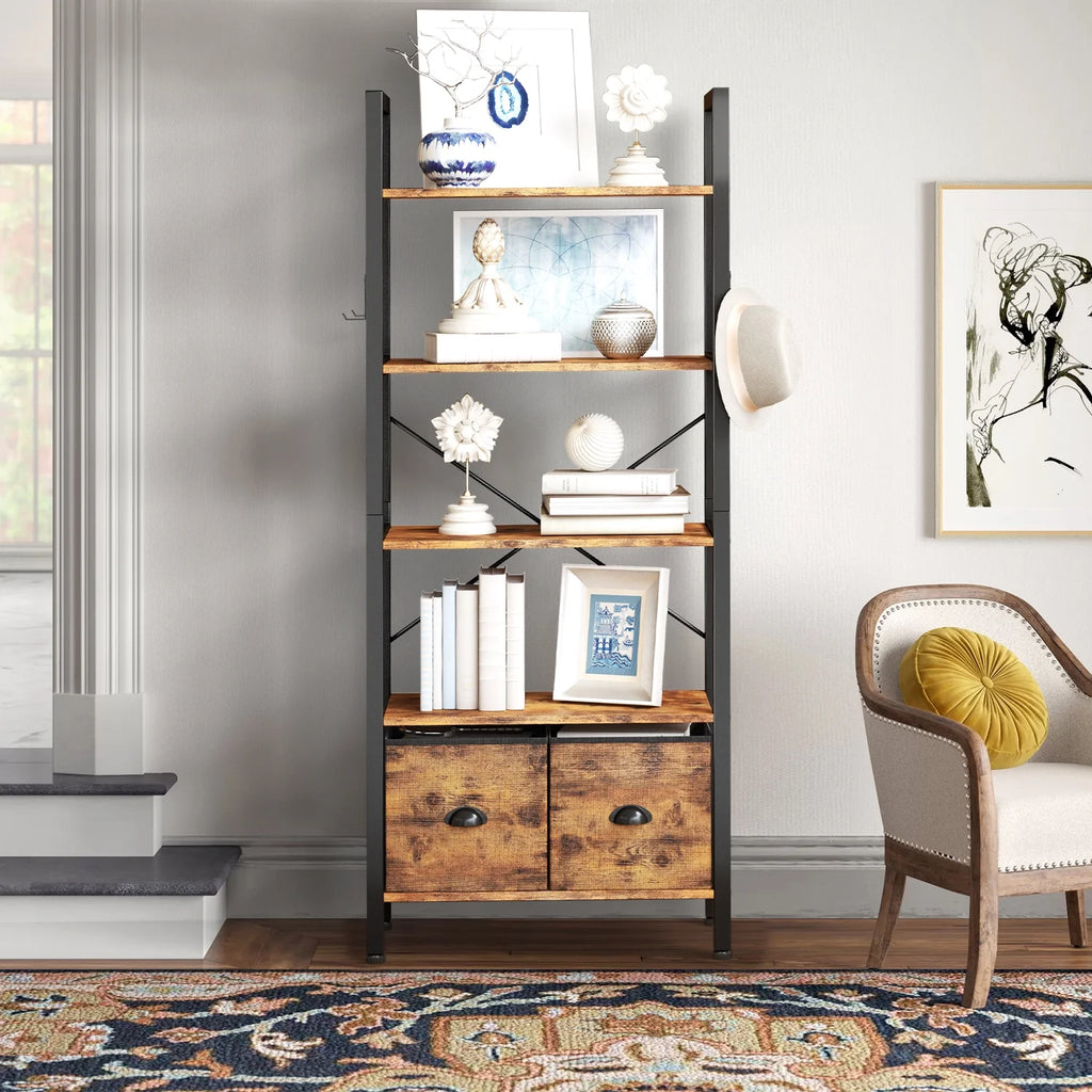 5 Shelf 2 Drawer Rustic Brown Bookcase Y7181