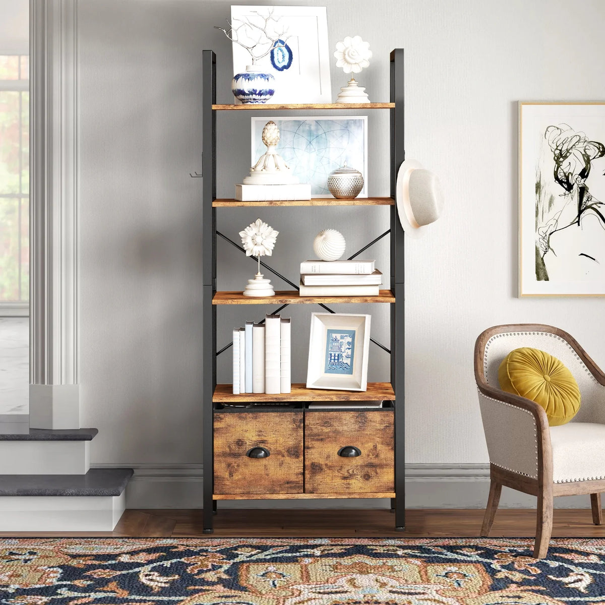 5 Shelf 2 Drawer Rustic Brown Bookcase Y7181