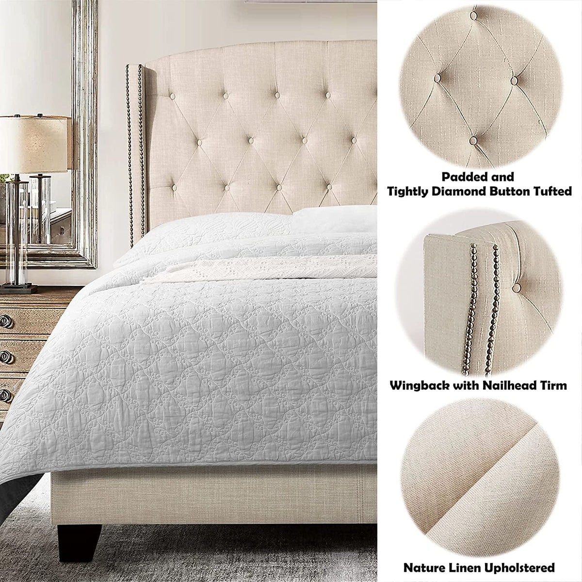 Padded Platform Bed Frame with Wingback Headboard P204