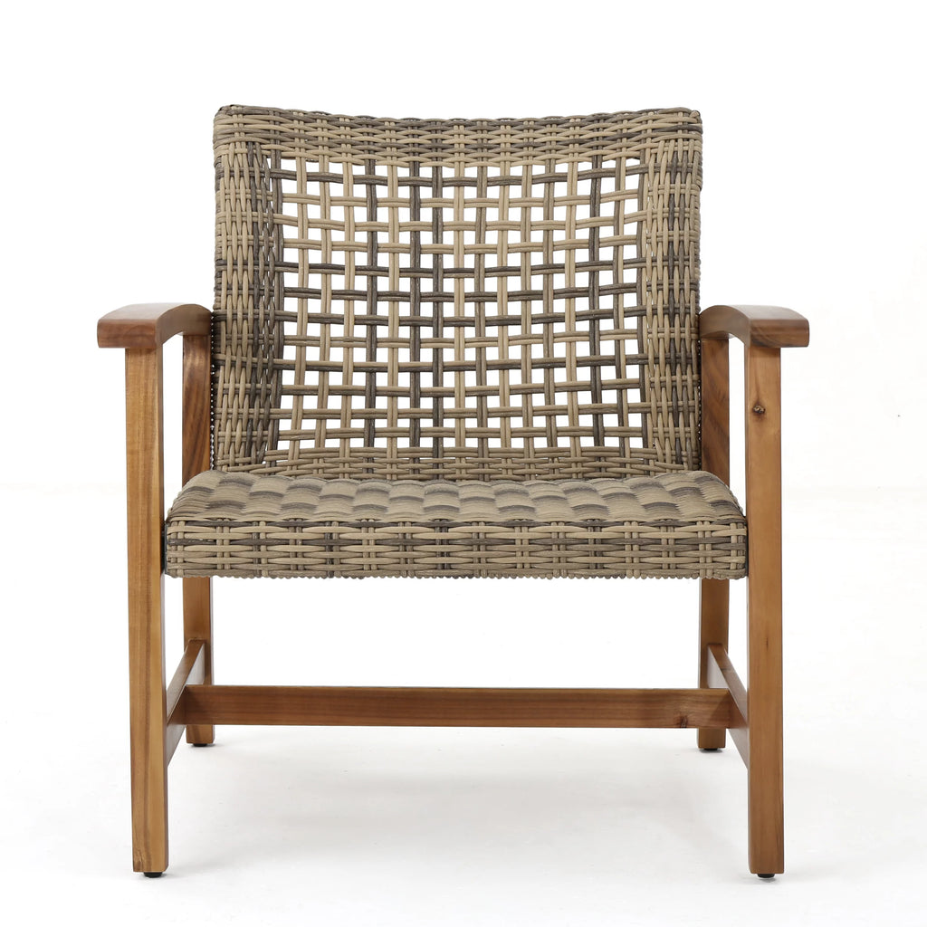 Mid Century Wicker Club Chairs with Acacia Wood Frame, Grey J794556