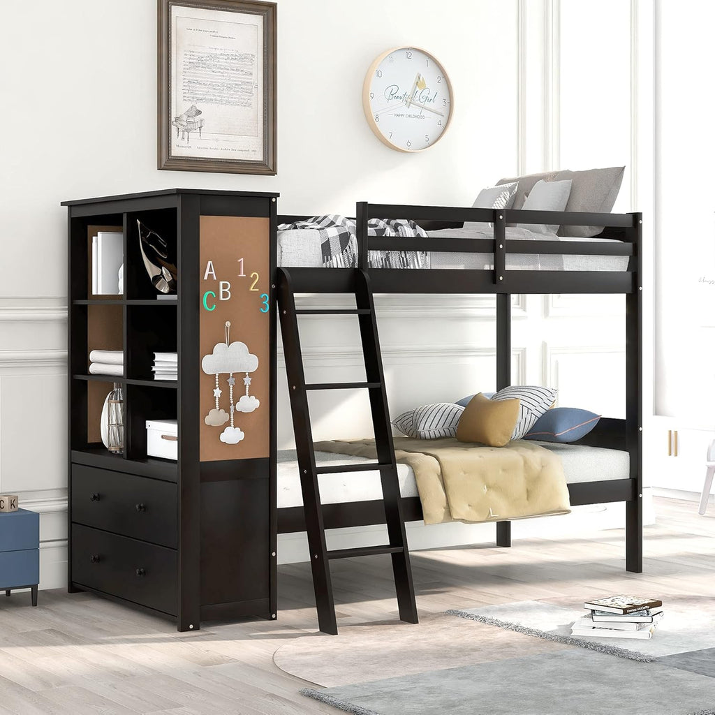 Twin Over Twin Bunk Bed with 6 Open Compartments and 2 Large Drawers X656