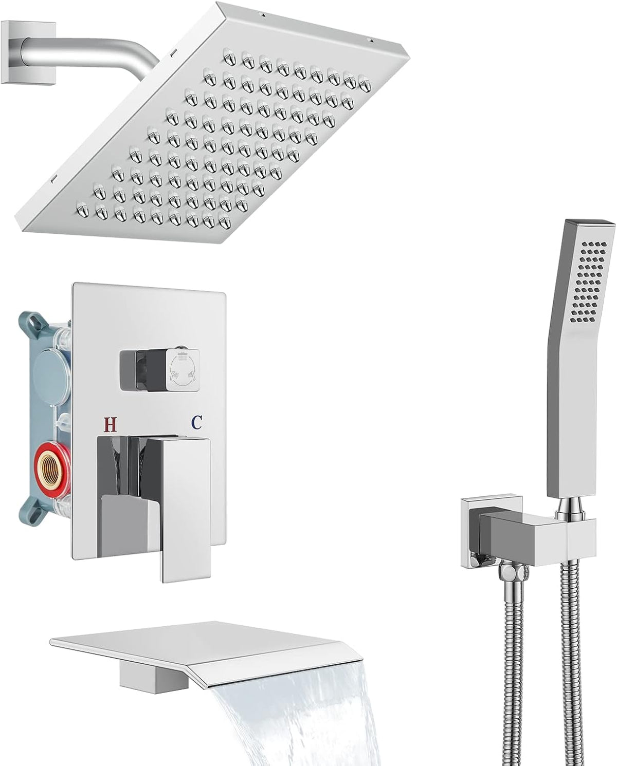 Polish Chrome Rainfall Shower System with Tub Spout and Handheld Sprayer W650