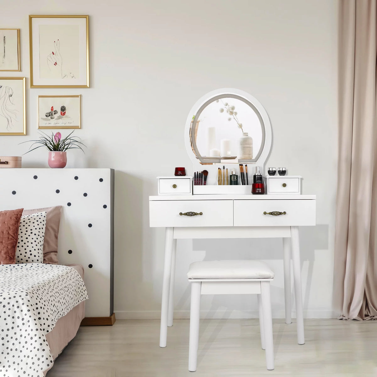 White Vanity Table Set with Lighted Mirror and 4 Drawers R289896