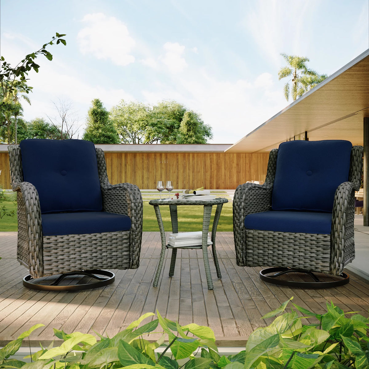 Outdoor Swivel Rocker Wicker Patio Chairs Set of 2 with Table, Blue J633778