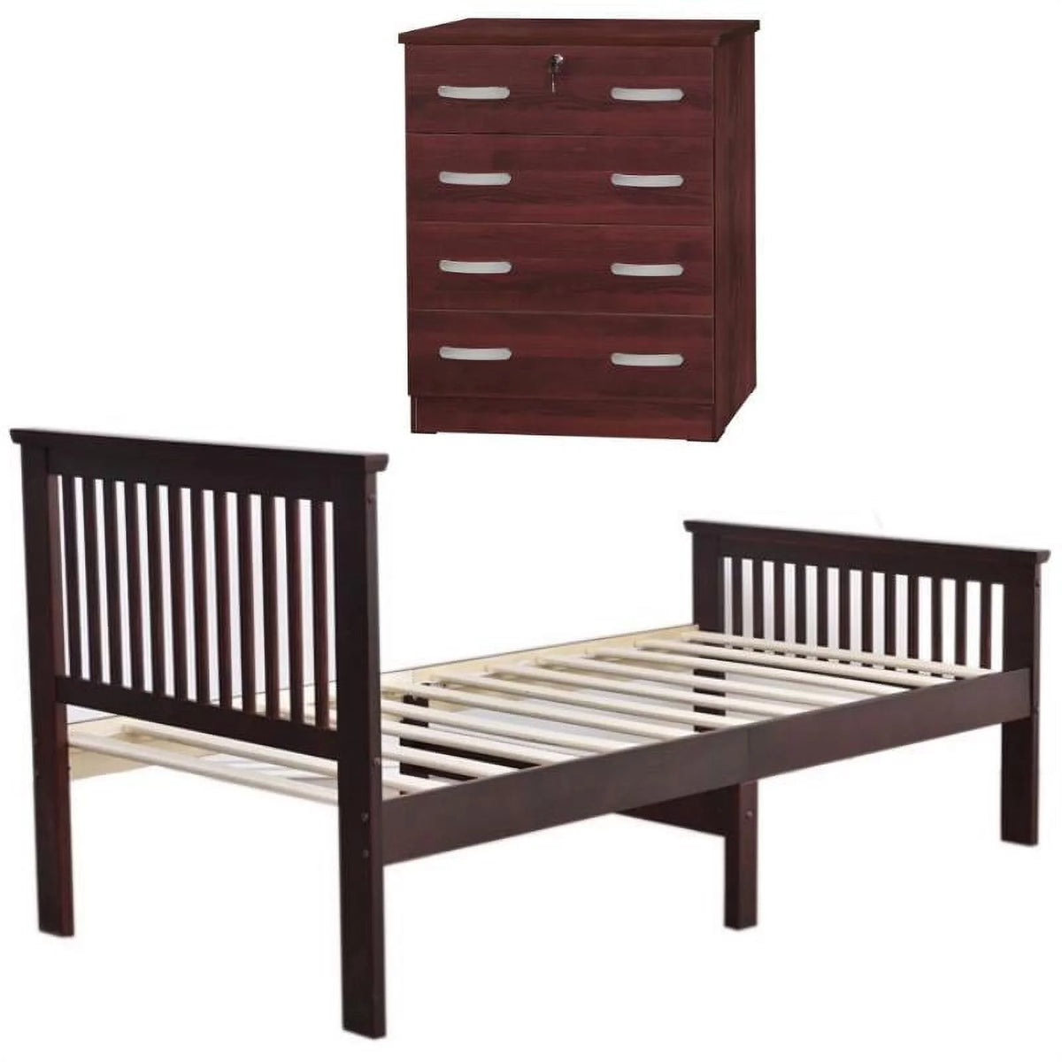 Pine Twin Bed and Dresser with Lock in Mahogany N6799