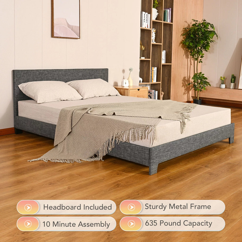 Queen Bed Frame with Headboard, Wood Slats, Gray M10166