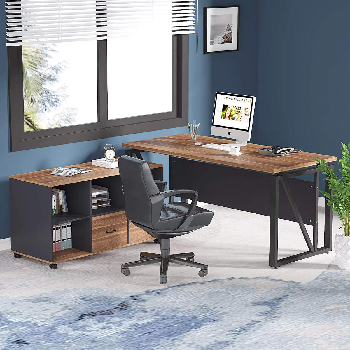 L-Shaped Computer Desk with File Cabinet and Storage Shelves V725