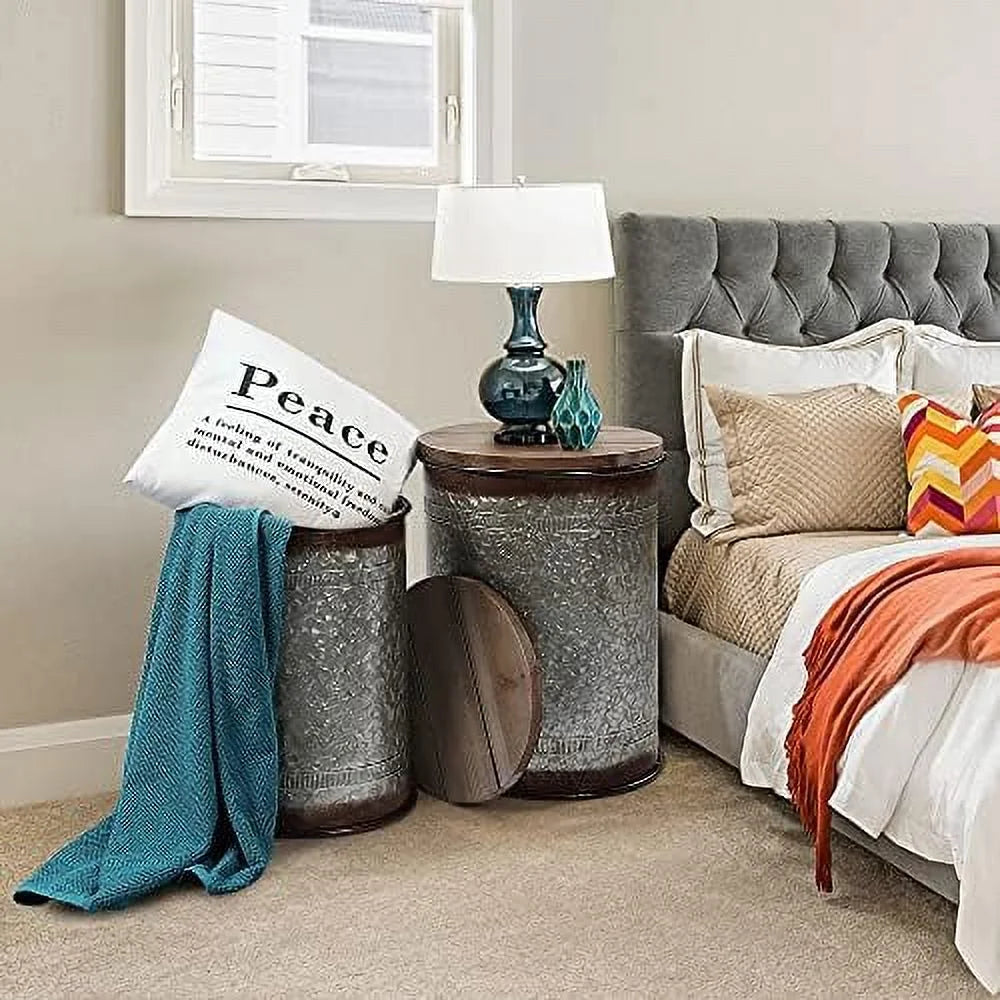 Farmhouse Accent Side Table Ottoman Seat Stool Metal End Table Box Bin with Round Wood Lid G84806