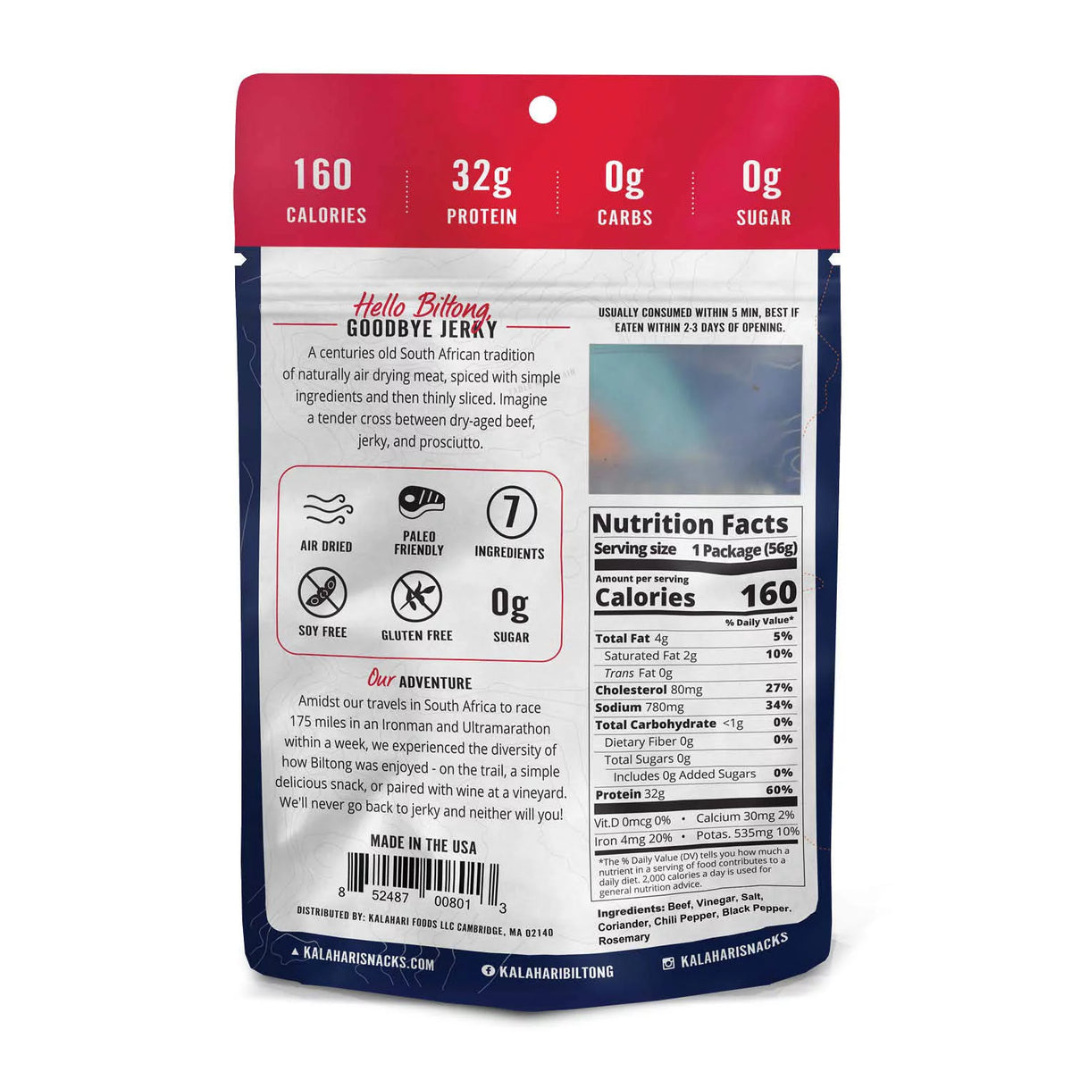 Air-Dried Thinly Sliced Beef Biltong 2oz Pack of 8 Sugar Free Gluten Free U6090
