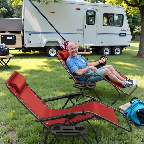 Zero Gravity Chairs Set of 2 Adjustable Steel Mesh Recliners with Cup Holder Tray and Pillow C8975