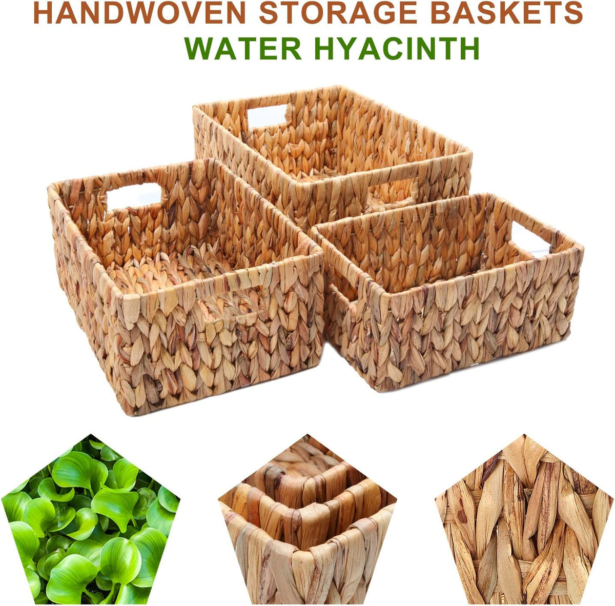 3pcs Handmade Woven Water Hyacinth Storage Baskets Set with Handle S36228