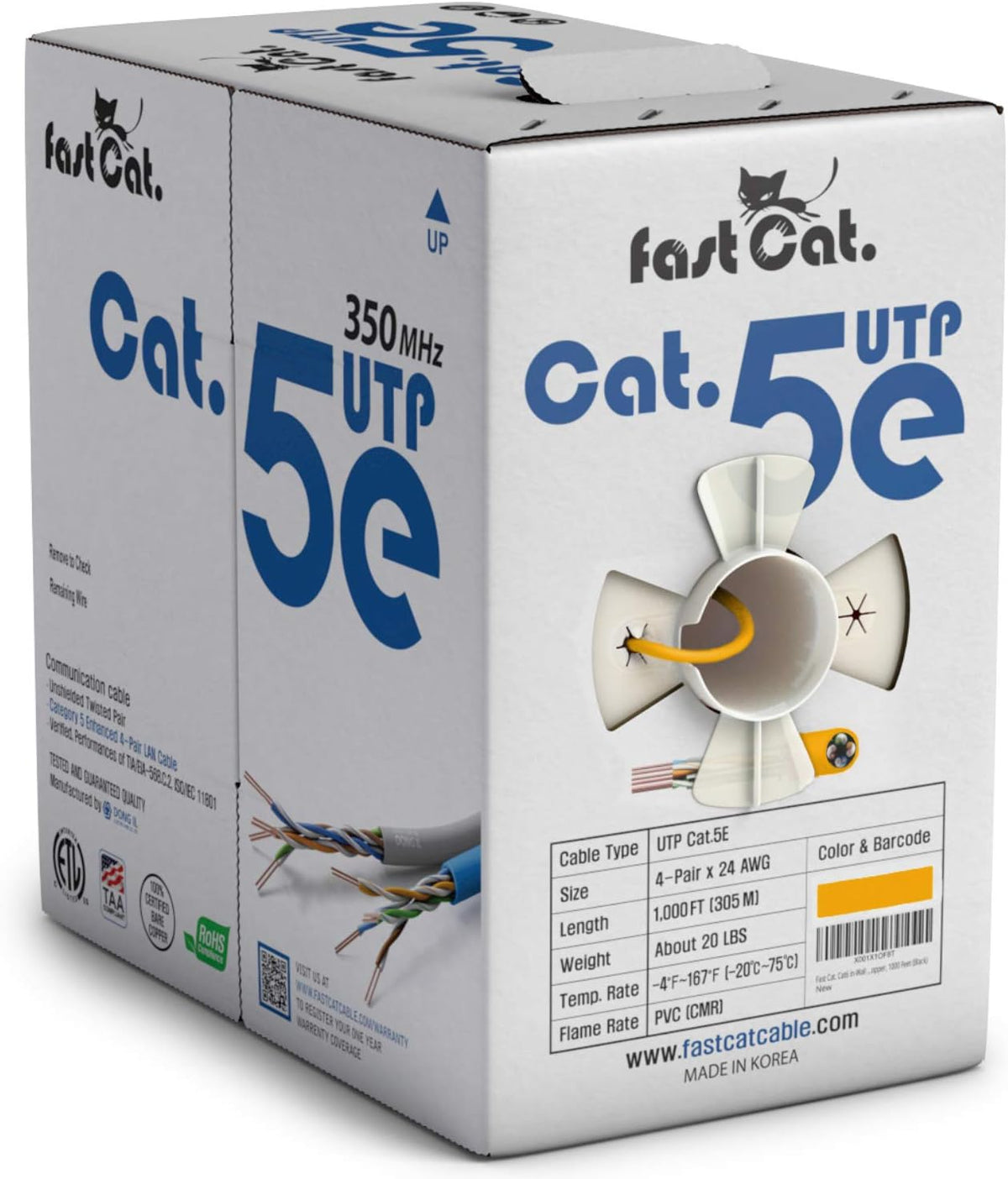 Cat5e Ethernet Cable 1000ft - 24 AWG CMR Bare Copper UTP LAN Cable (Orange) E2405