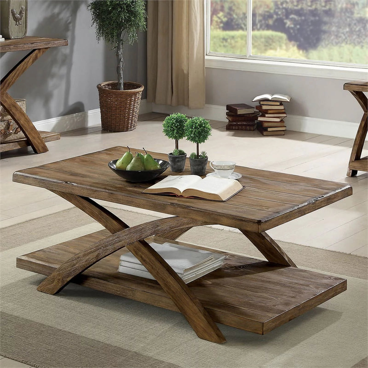 Rustic Wood 3-Piece Coffee Table Set in Oak F4027