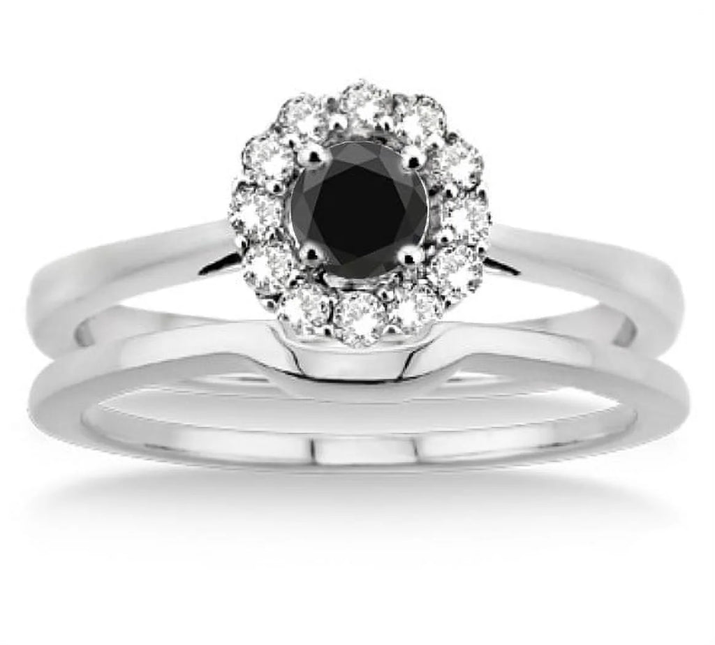 1.25 Carat Round Cut Black Diamond Moissanite Bridal Set Halo in 10K White Gold D321