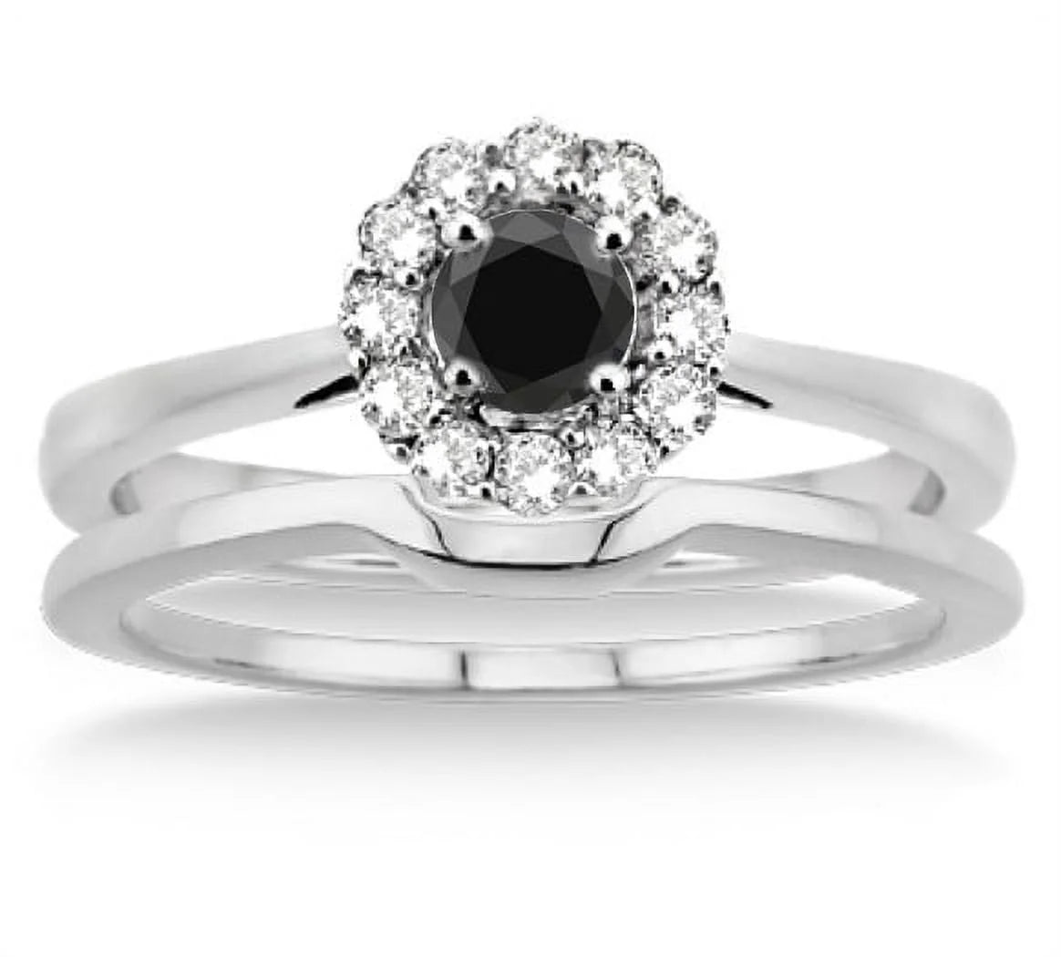 1.25 Carat Round Cut Black Diamond Moissanite Bridal Set Halo in 10K White Gold D321