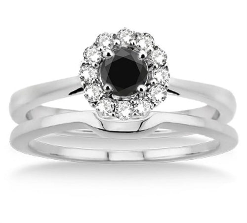 1.25 Carat Round Cut Black Diamond Moissanite Bridal Set Halo in 10K White Gold D321